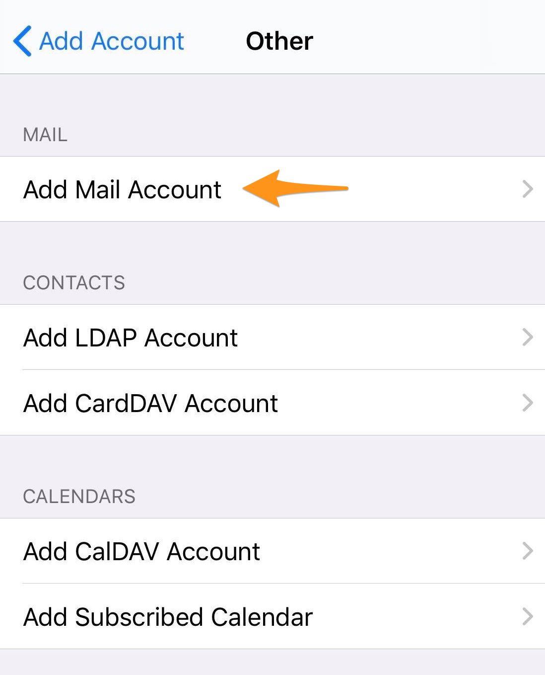 iPhone Other account screen with Add Mail Account highlighted