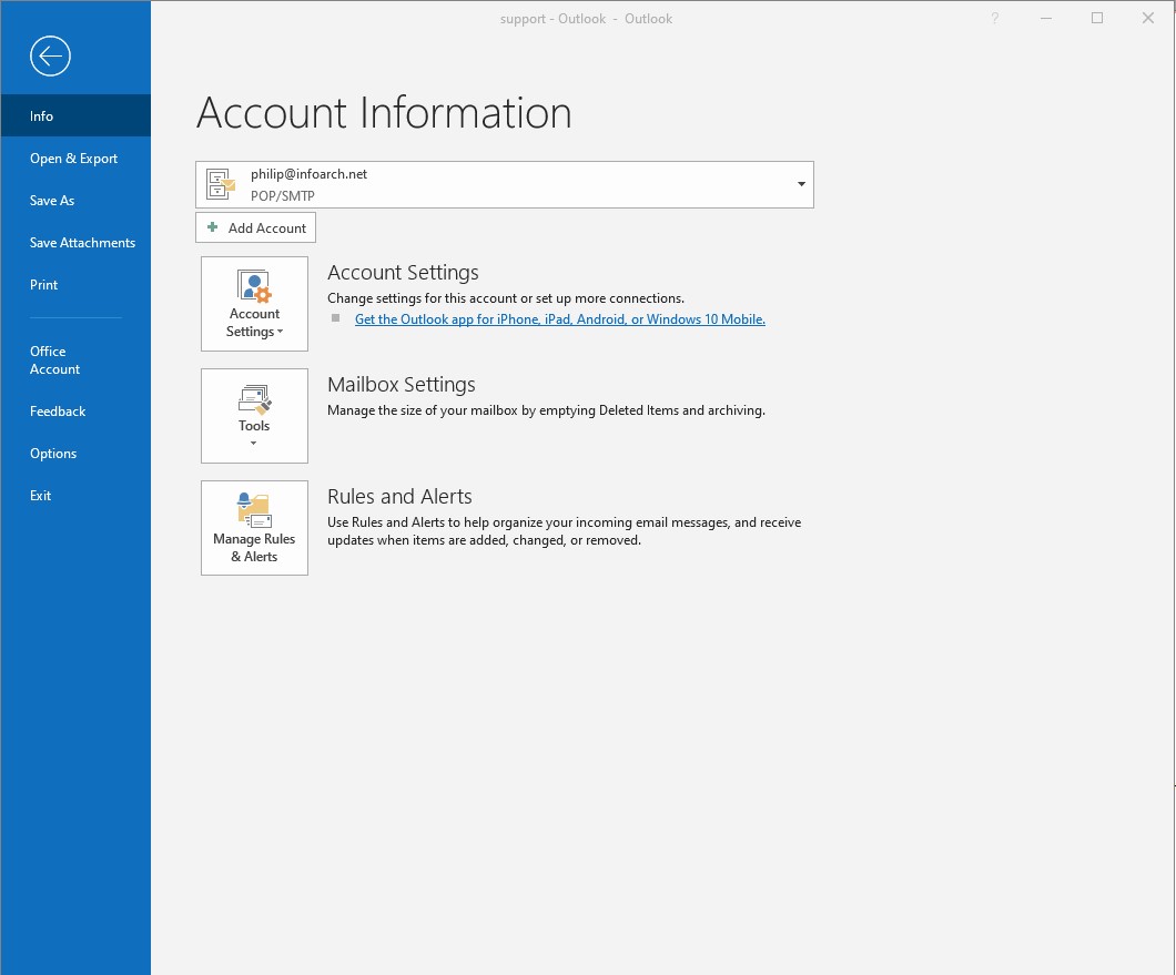 Classic Outlook File screen with Add Account selected