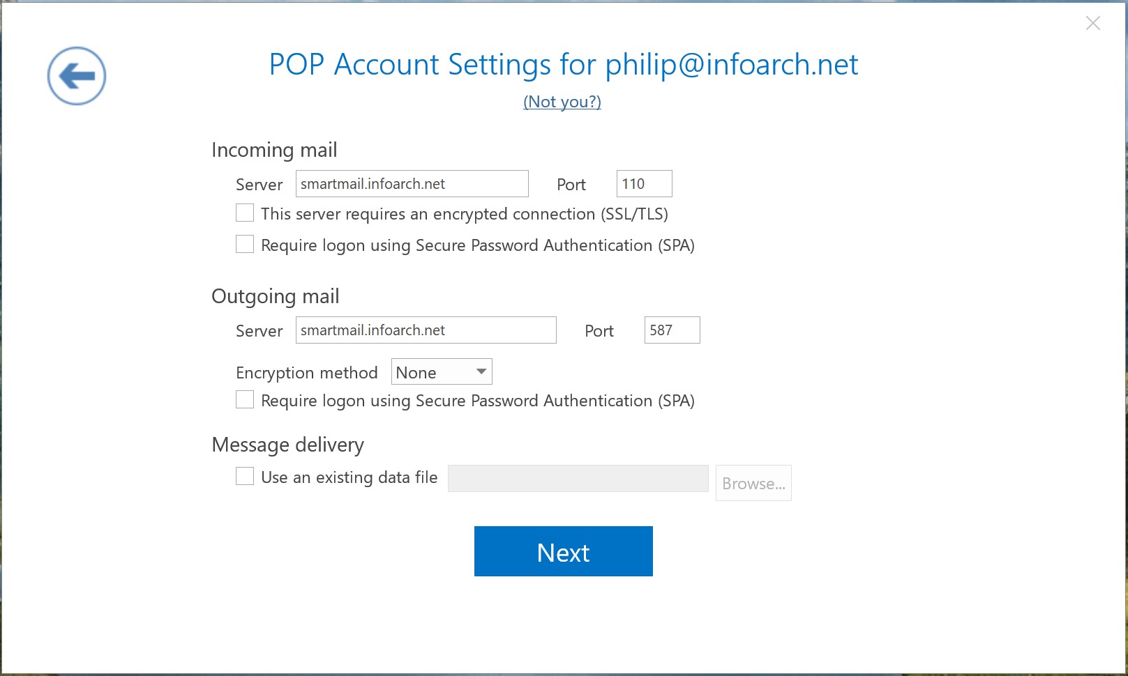 Classic Outlook POP account server and port settings