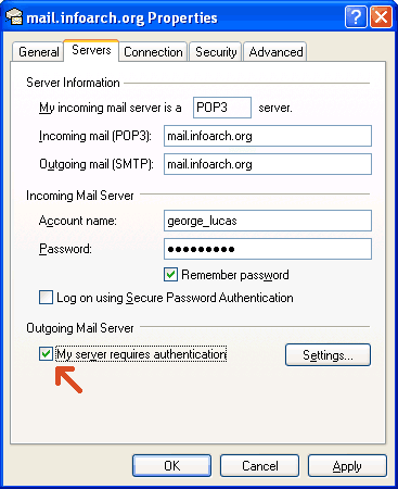 Outlook Express outgoing server authentication settings