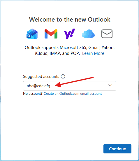 New Outlook account setup email address screen