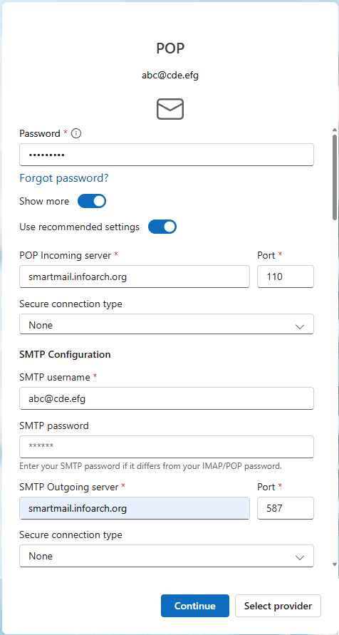 New Outlook POP server settings example