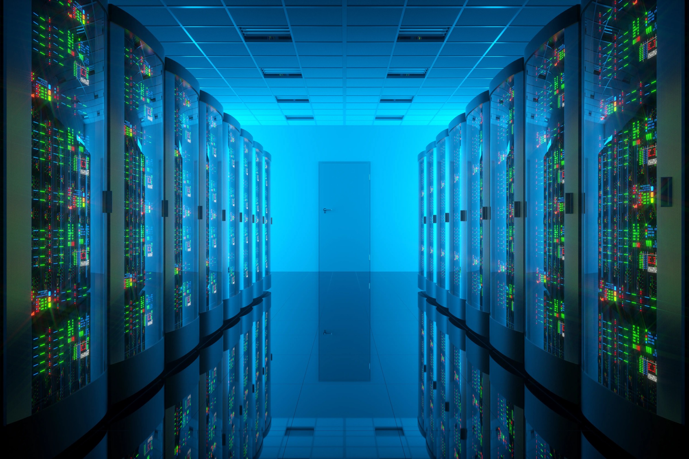 Blue-lit server room representing connected business systems